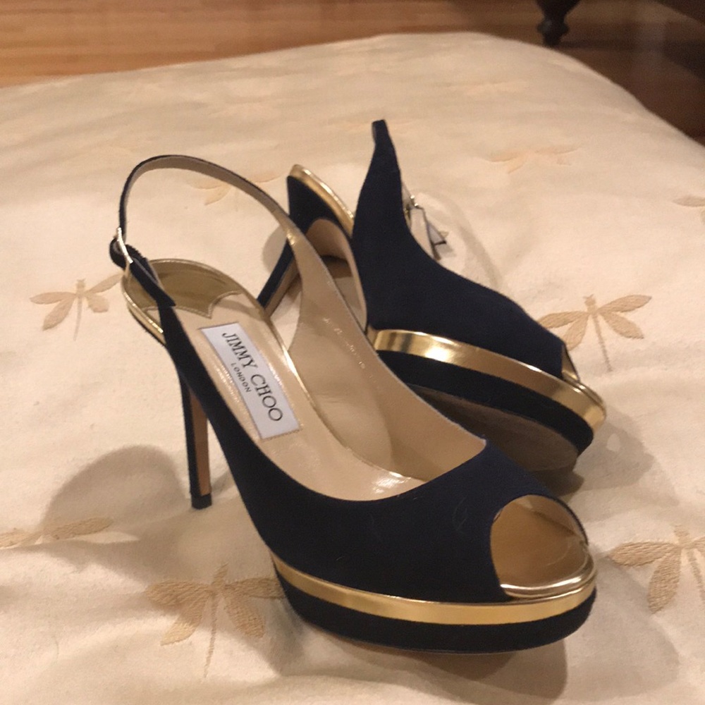 Jimmy Choo platform slingback, navy/gold